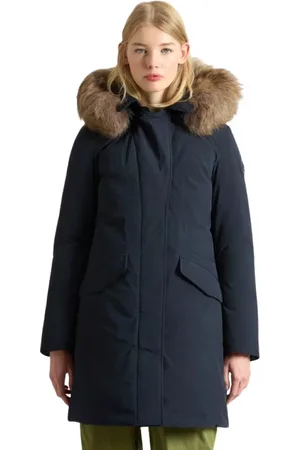 Woolrich Mantels, Dames, Blauw, L, Nylon, Moderne Parka met Afneembare Capuchon