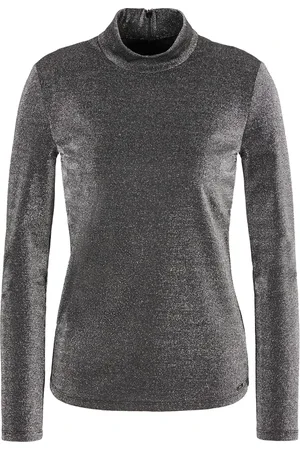 Armani Exchange Tops, Dames, Grijs, M, Lurex Hoge Hals Lange Mouw Trui