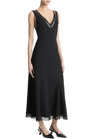 Vince Kleedjes, Dames, Zwart, M, Chiffon, Chiffon Faux-Leather Layered Slip Jurk