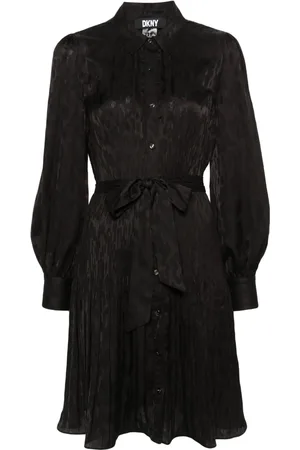 DKNY Kleedjes, Dames, Zwart, L, Polyester, Zwarte Geplooide Midi Jurk