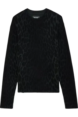 Zadig & Voltaire Truien, Dames, Zwart, L, Kasjmier, Luipaardprint Donkergroene Kasjmier Trui