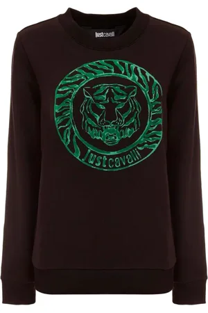 Roberto Cavalli Sweatshirts & Hoodies, Heren, Zwart, S, Katoen, Tijgerhoofd Logo Sweater