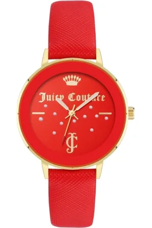 Juicy Couture Accessoires, Dames, Rood, ONE Size, Gouden Dameshorloge met Leren Band