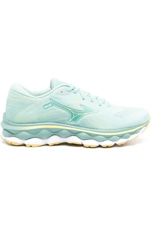 Mizuno Schoenen, Dames, Blauw, 36 1/2 EU, Blauwe Gebreide Sneakers met Geperforeerde Details