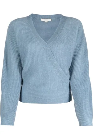 Vince Truien, Dames, Blauw, L, Nylon, Blauwe Geribbelde Kruisvoorkant Trui