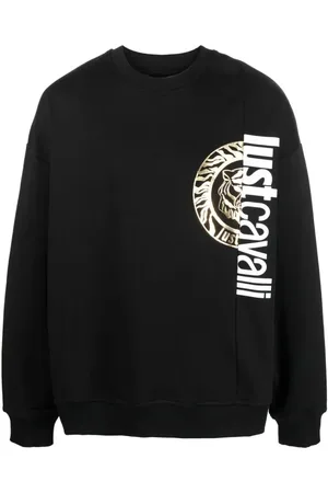 Roberto Cavalli Sweatshirts & Hoodies, Heren, Zwart, L, Katoen, Zwarte Ronde Logo Sweatshirt Katoenen Hoodie