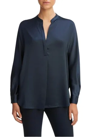 Vince Blouses & Shirts, Dames, Blauw, XS, Satijn, Zijden satijnen blouse met opstaande kraag