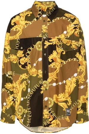 VERSACE Overhemden, Heren, Veelkleurig, XL, Katoen, Groene Katoenen Overhemd met Lange Mouwen