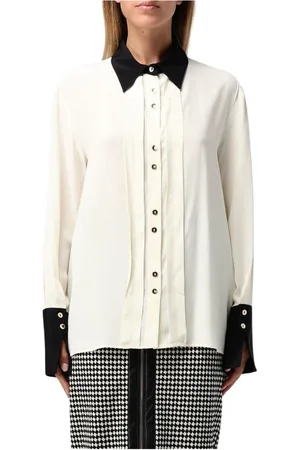 SIMONA CORSELLINI Blouses & Shirts, Dames, Wit, S, Zijden Acetaat Overhemd met Kraag en Manchet Contrast