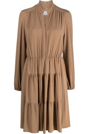 ELEVENTY Kleedjes, Dames, Bruin, S, Polyester, Bruine Midi Jurk met Dubbele Volant