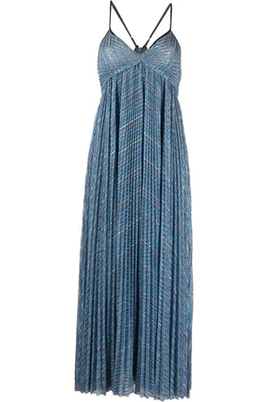 FORTE FORTE Kleedjes, Dames, Blauw, S, Polyester, Blauwe Maxi-jurk met Lurex Plissé