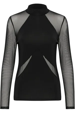 Karen by Simonsen Tops, Dames, Zwart, S, Mesh Top met Lange Mouwen en Hoge Hals