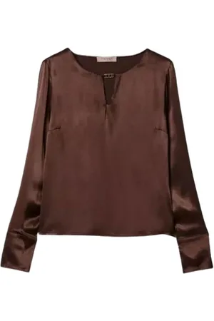 Twin-Set Blouses & Shirts, Dames, Bruin, L, Leer, Ronde hals shirt met T-gesp