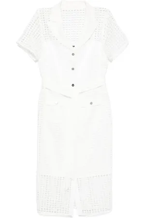 DKNY Kleedjes, Dames, Wit, S, Polyester, Beige Kant Midi Jurk