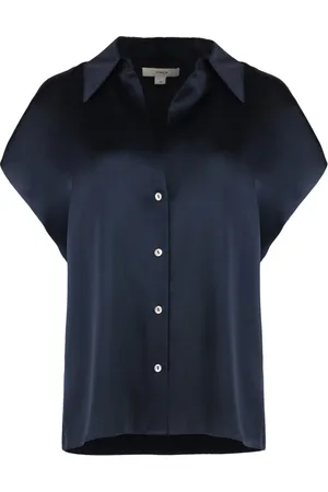 Vince Blouses & Shirts, Dames, Blauw, S, Zijden Blouse Klassieke Kraag Knoopsluiting
