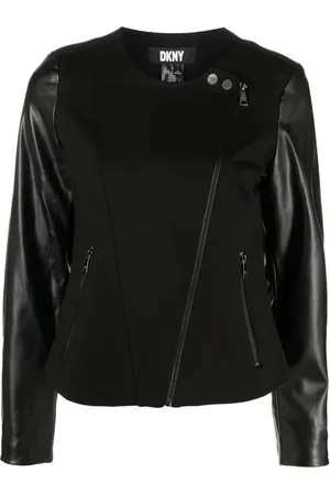 DKNY Jassen, Dames, Zwart, S, Polyester, Zwarte Moto Jas Casual Stijl