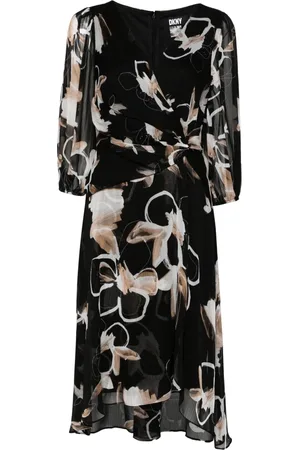 DKNY Kleedjes, Dames, Zwart, S, Polyester, Ballonmouw Midi Jurk in Zwart