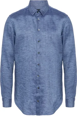 Giorgio Armani Overhemden, Heren, Blauw, L, Elegant Blauw Langarm Flax Shirt