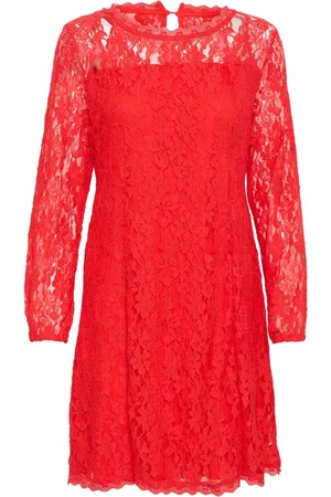 Cream Kleedjes, Dames, Rood, 2Xl, Kanten jurk met pofmouwen