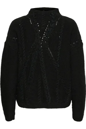 My Essential Wardrobe Truien, Dames, Zwart, L, Zwarte Gebreide Blouse met Hoge Hals