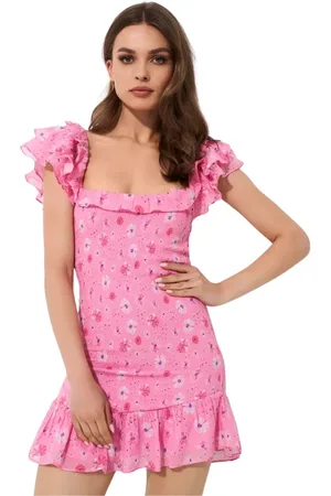 LOVESHACKFANCY Kleedjes, Dames, Roze, M, Katoen, Bloemen Mini Jurk Kodie Stijl
