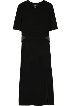DKNY Kleedjes, Dames, Zwart, M, Nylon, Mesh Cut Out Zwarte Midi Jurk