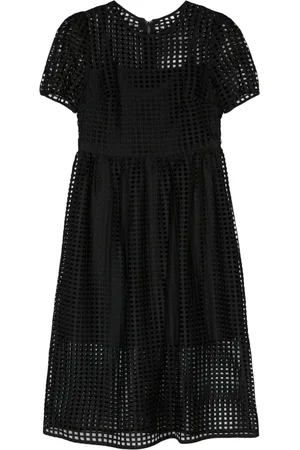 DKNY Kleedjes, Dames, Zwart, M, Polyester, Zwart Kant Juweel Hals Midi Jurk