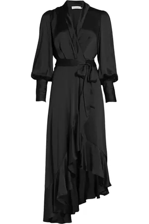 ZIMMERMANN Kleedjes, Dames, Zwart, M, Elegante Zijden Midi Wikkeljurk