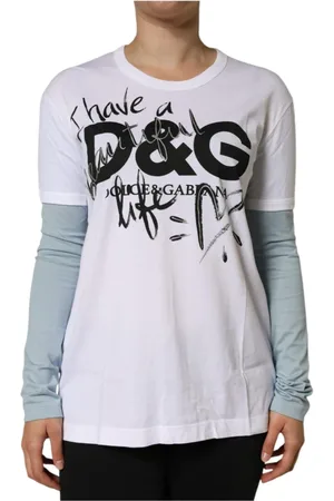 Dolce & Gabbana Tops, Dames, Wit, L, Katoen, Wit Logo Print Katoenen T-shirt