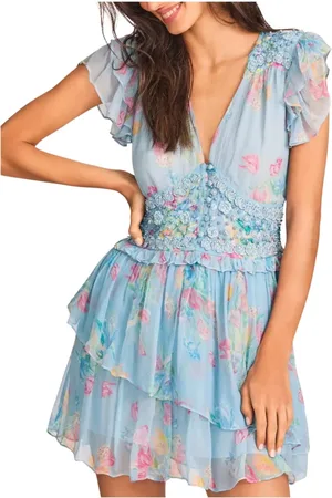 LOVESHACKFANCY Kleedjes, Dames, Blauw, M, Blauwe Bloemen Marisela Mini Jurk