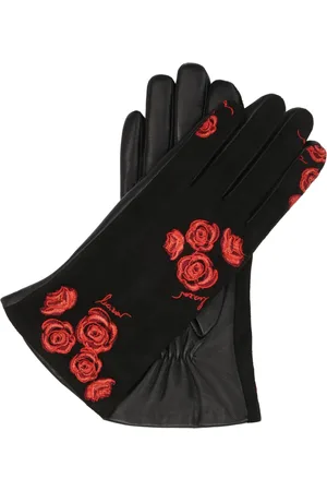 Kazar Accessoires, Dames, Zwart, L, Leer, Elegante zwarte handschoenen met geborduurde rode bloemen