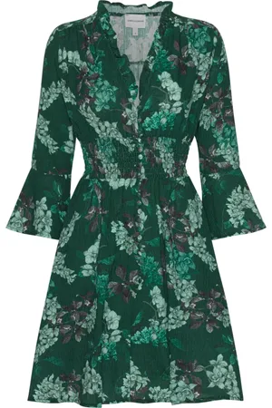 American Dreams Kleedjes, Dames, Groen, XS, Katoen, Groene Bloem Korte Jurk Sally