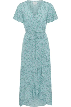 American Dreams Kleedjes, Dames, Groen, L, Turquoise Bloem Wrap Jurk met Ruches