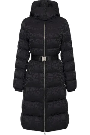 Elisabetta Franchi Mantels, Dames, Zwart, M, Nylon, Zwarte Lange Pufferjas met Jacquard Letters