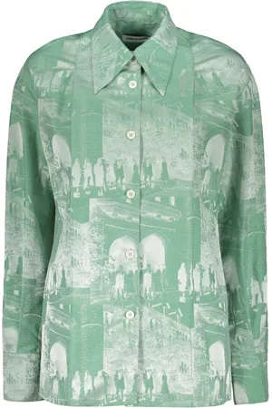 Low Classic Blouses & Shirts, Dames, Groen, M, Katoen, Jacquard Overhemd met Klassieke Kraag en Voorkant Plooien