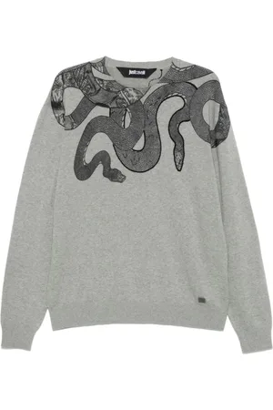 Roberto Cavalli Truien, Heren, Grijs, L, Katoen, Slangenprint Grijs Gebreid T-shirt
