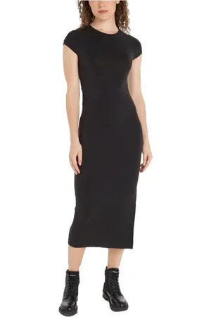 Calvin Klein Kleedjes, Dames, Zwart, M, Polyester, Modal Detail Jurk