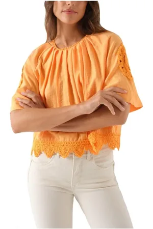 Salsa Blouses & Shirts, Dames, Oranje, S, Oranje Geborduurde Blouse met Korte Mouwen