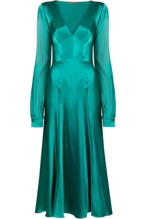 Alberta Ferretti Kleedjes, Dames, Groen, S, Groene Zijden V-hals Maxi Jurk