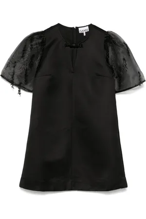 Ganni Kleedjes, Dames, Zwart, L, Satijn, Zwarte Satijnen Jurk met Organza Mouwen