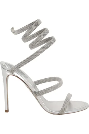 RENE CAOVILLA Schoenen, Dames, Grijs, 38 1/2 EU, Zilveren Metallic Sandalen met Slang Detail