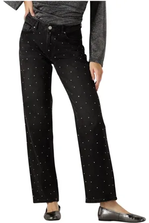 Envii Jeans, Dames, Zwart, S, Zwarte Straight Leg Jeans met Zilveren Details