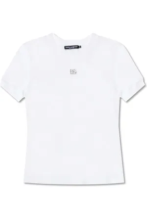 Dolce & Gabbana Tops, Dames, Wit, L, Katoen, T-shirt met logo applicatie