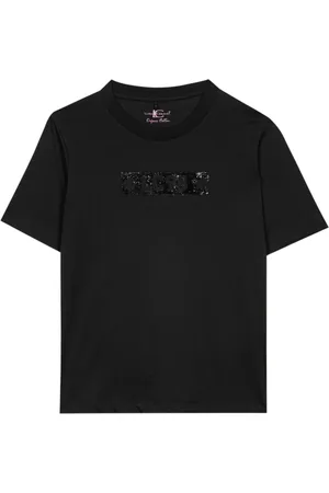 Luisa Cerano Tops, Dames, Zwart, XL, Katoen, Glitter Logo T-shirt van biologisch katoen
