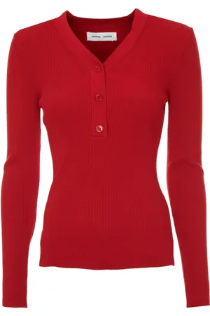 Samsøe Samsøe Truien, Dames, Rood, M, Geribbelde Longsleeve Top met V-hals