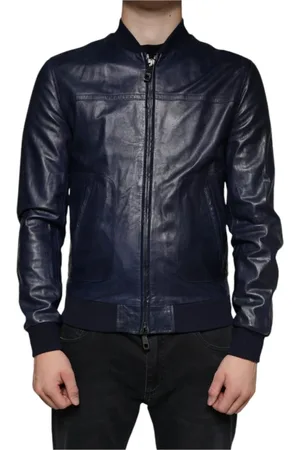 Dolce & Gabbana Jassen, Heren, Blauw, M, Leer, Blauwe Lamsskin Leren Bikerjack met Logo