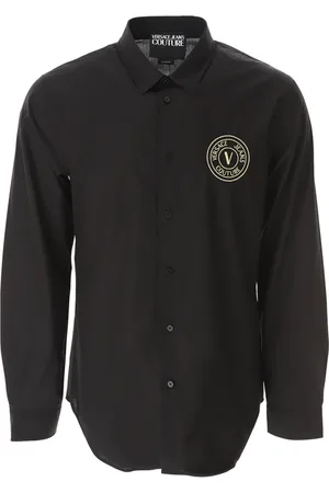 VERSACE Overhemden, Heren, Zwart, L, Katoen, Zwart Goud V-Embleem Shirt
