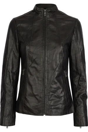 Bugatti Jassen, Dames, Zwart, XL, Leer, Elegante leren jas met opstaande kraag