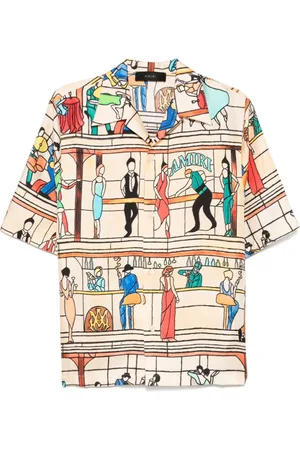 AMIRI Tops, Heren, Veelkleurig, S, Beige Bowling Shirt met Pool Hall Print