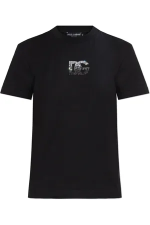 Dolce & Gabbana Tops, Dames, Zwart, XS, Katoen, T-shirt met een logo afgewerkt met glinsterende kristallen